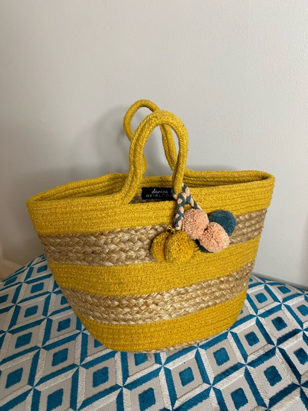 Danica Heirloom Striped Cotton & Jute Basket Tote -Yellow Ochre & Natural